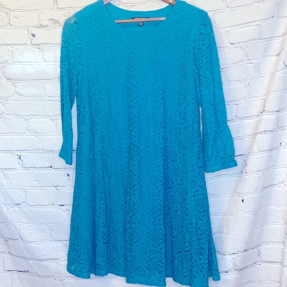 Sharagano Turquoise Blue Lace Long Sleeve Dress Size 12